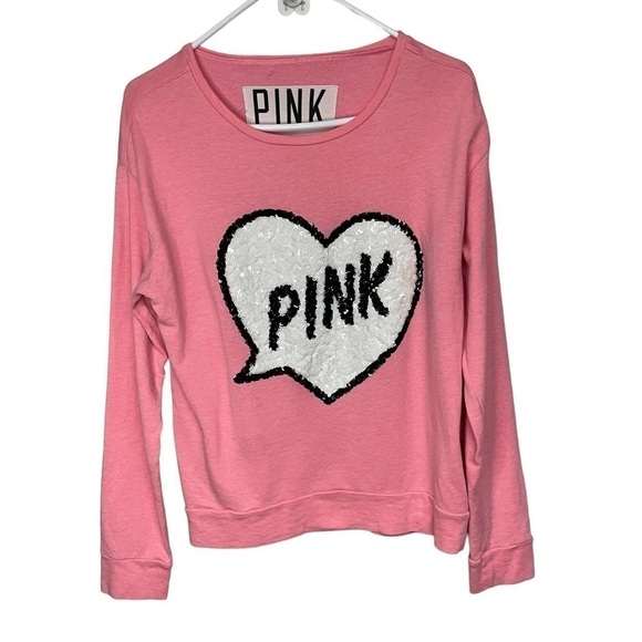 𝅺PINK Victoria's Secret Lightweight Crewneck Sweatshirt, Sequin Heart, Pink, S - Picture 1 of 7